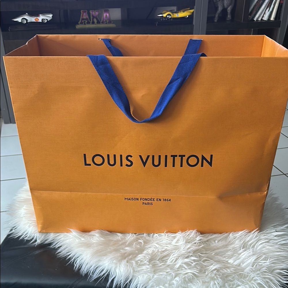 Louis Vuitton Orange Shopping Bag with Blue Handles